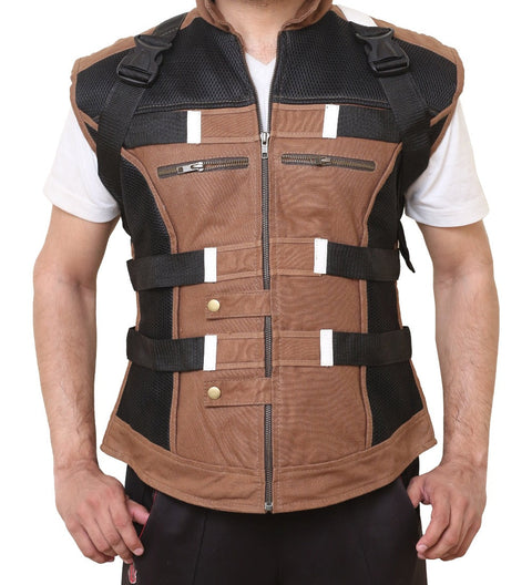 Men Brown Stylish Military Style Cotton Vest Leatheroxide