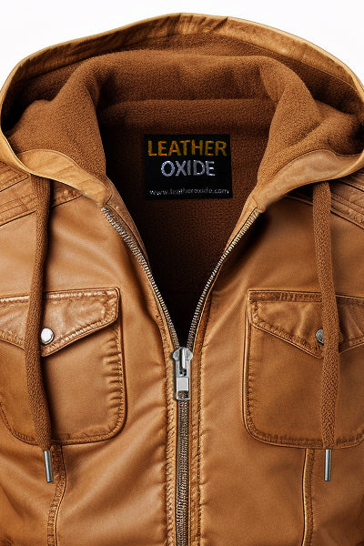 Men Classic Swiss Light Brown Hooded Leather Jacket Leatheroxide