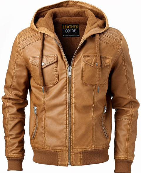 Men Classic Swiss Light Brown Hooded Leather Jacket Leatheroxide