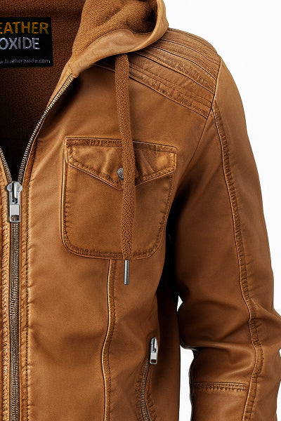 Men Classic Swiss Light Brown Hooded Leather Jacket Leatheroxide