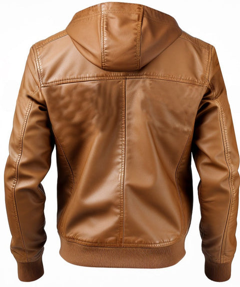 Men Classic Swiss Light Brown Hooded Leather Jacket Leatheroxide