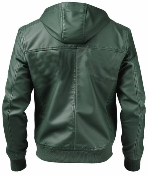 Men Faux Leather Jacket with Hood Green-Leatheroxide Leatheroxide