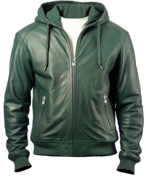 Men Faux Leather Jacket with Hood Green-Leatheroxide Leatheroxide