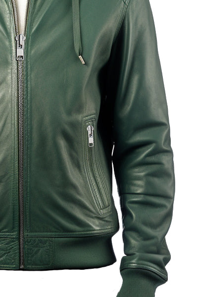 Men Faux Leather Jacket with Hood Green-Leatheroxide Leatheroxide