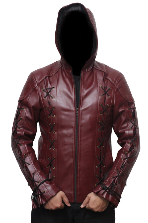 Men Faux Leather Motorcycle Hooded Jacket - Maroon Leatheroxide