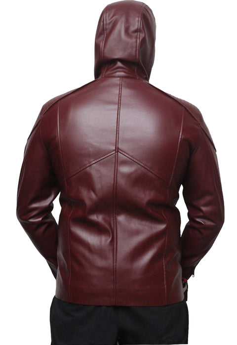 Men Faux Leather Motorcycle Hooded Jacket - Maroon Leatheroxide
