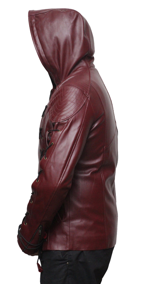 Men Faux Leather Motorcycle Hooded Jacket - Maroon Leatheroxide
