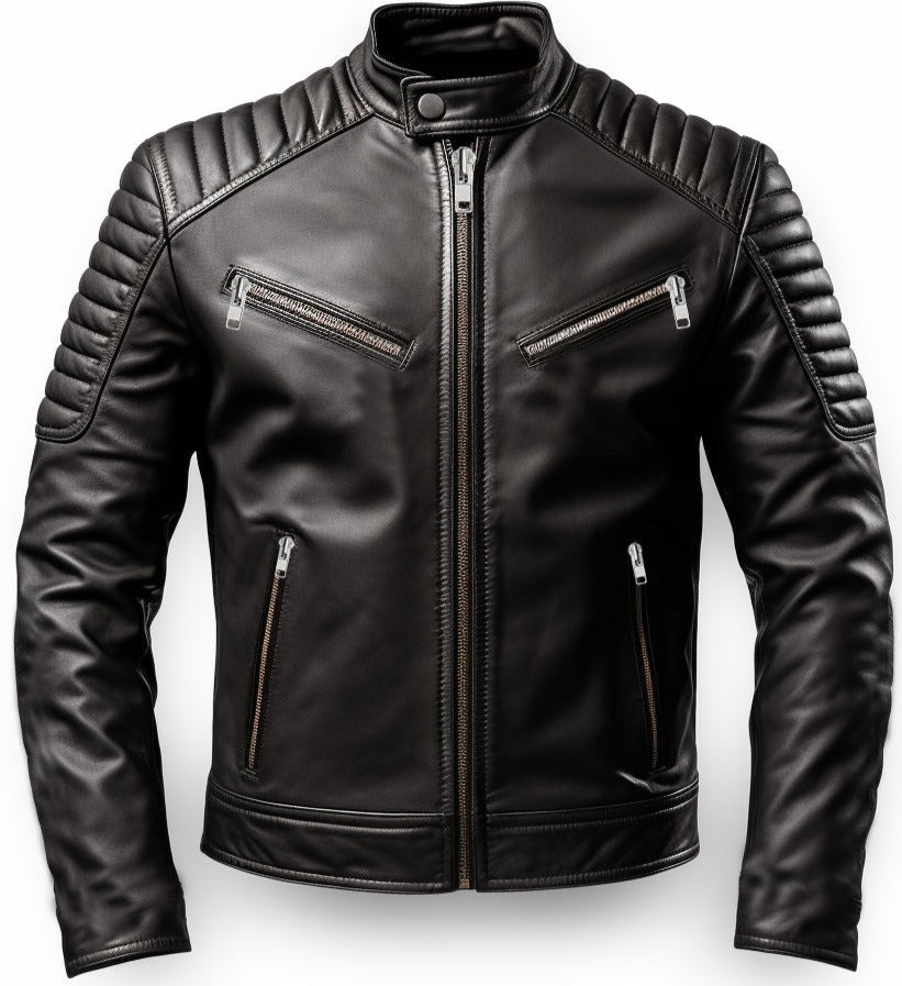 LEATHERAY Men's Genuine Leather Motorcycle Jacket With CE Armor - Black
