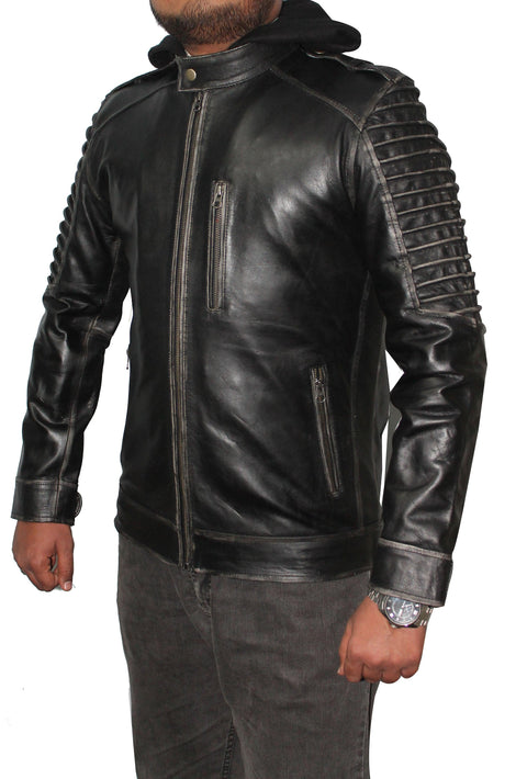 Men Hooded Distressed Ghost Leather Jacket - Black Leatheroxide