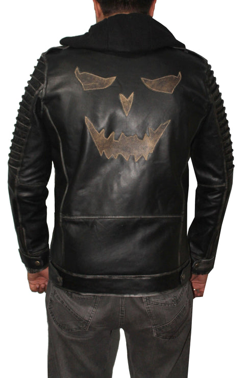 Men Hooded Distressed Ghost Leather Jacket - Black Leatheroxide