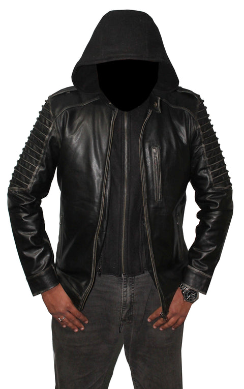 Men Hooded Distressed Ghost Leather Jacket - Black Leatheroxide