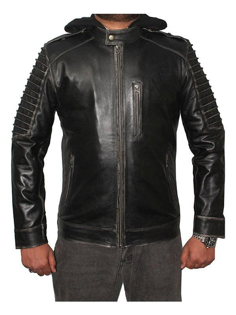 Men Hooded Distressed Ghost Leather Jacket - Black Leatheroxide