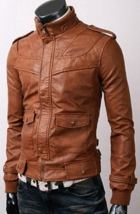Men Slimfit Stylish Tan Brown Leather Jacket Leatheroxide