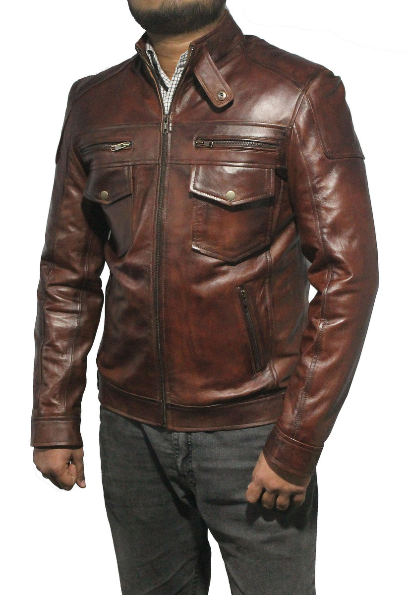 Buy Men Strap Pocket Classic Leather Jacket - Brown