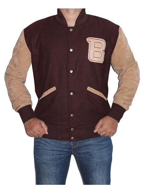 Men Varsity Wool Bomber Jacket - Brown Leatheroxide