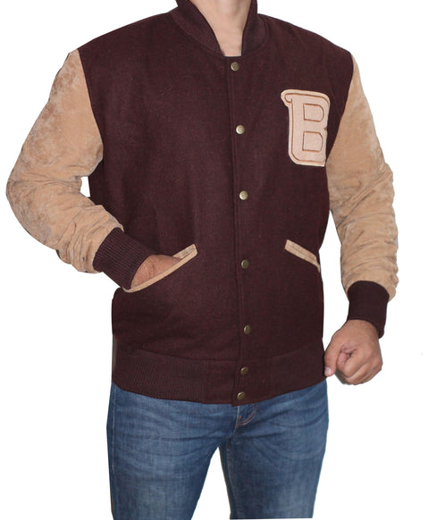 Men Varsity Wool Bomber Jacket - Brown Leatheroxide