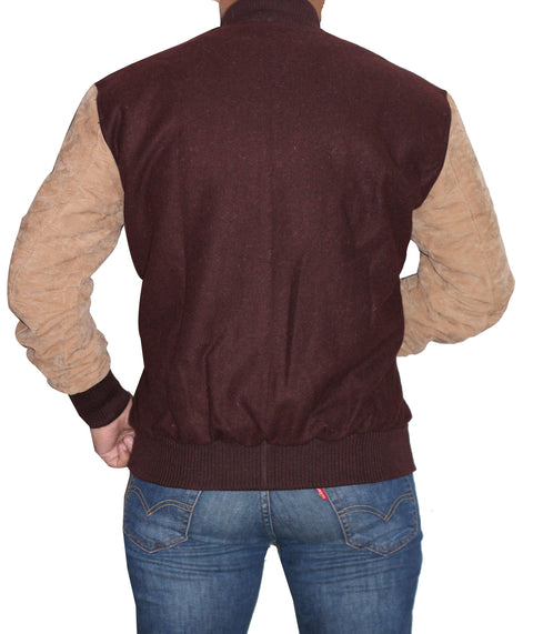 Men Varsity Wool Bomber Jacket - Brown Leatheroxide