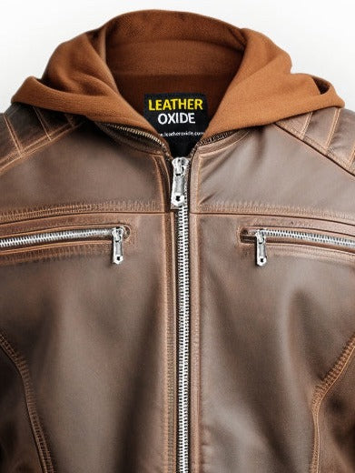 Men Voguish Brown Detachable Hooded Leather Jacket Leatheroxide