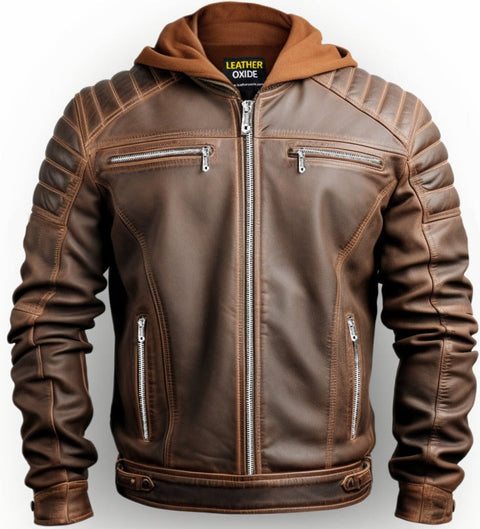 Men Voguish Brown Detachable Hooded Leather Jacket Leatheroxide