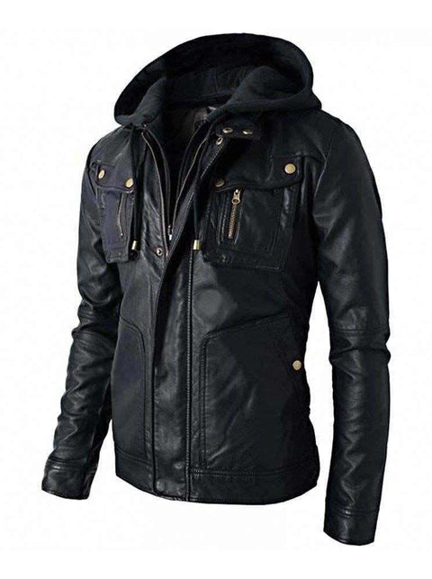 New Men's Motorcycle Brando Style Biker Real Leather Detachable Hoodie Jacket - Black Leatheroxide