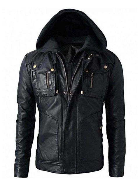 New Men's Motorcycle Brando Style Biker Real Leather Detachable Hoodie Jacket - Black Leatheroxide