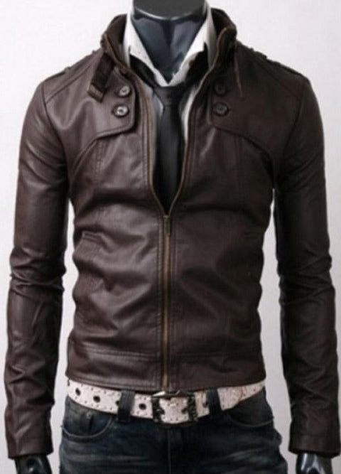 Slim Fit Button Pockets Rider Dark Brown Leather Jacket Leatheroxide