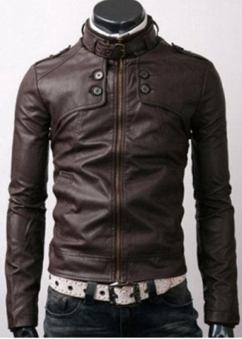 Slim Fit Button Pockets Rider Dark Brown Leather Jacket Leatheroxide