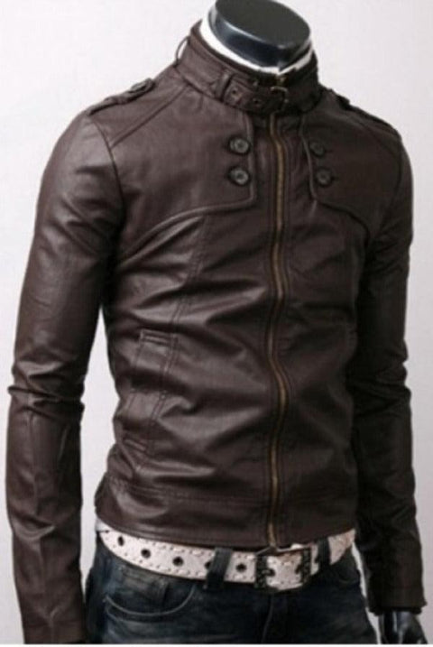 Slim Fit Button Pockets Rider Dark Brown Leather Jacket Leatheroxide