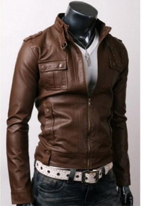 Strap Pocket Slim-fit Light Brown Leather Jacket Leatheroxide