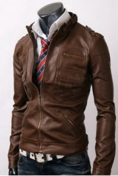 Trendy Zip Pocket Light Brown Leather Jacket Leatheroxide