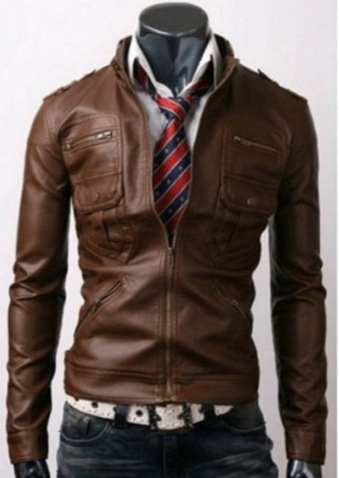 Trendy Zip Pocket Light Brown Leather Jacket Leatheroxide