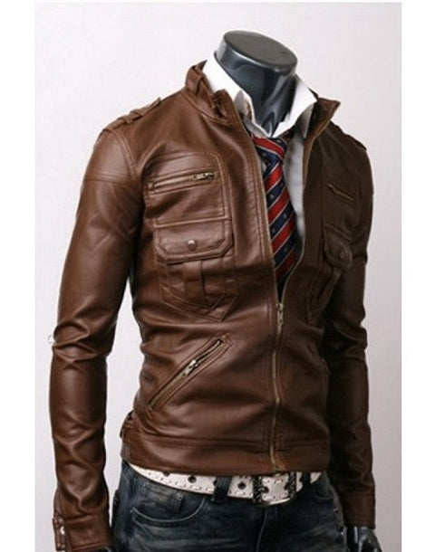 Trendy Zip Pocket Light Brown Leather Jacket Leatheroxide