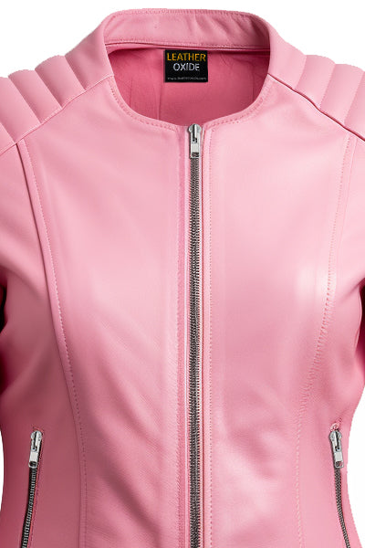 Women Biker Jacket Pink Faux Leather Leatheroxide