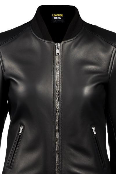 Women Bomber Leather Jacket- Black Leather Jacket for Women-Leatheroxide Leatheroxide