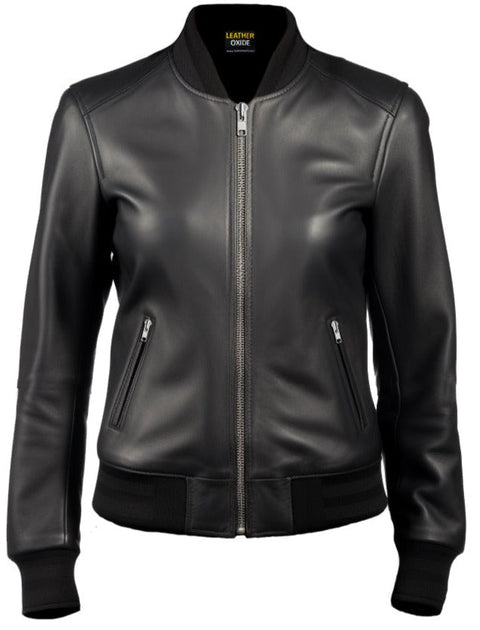 Women Bomber Leather Jacket- Black Leather Jacket for Women-Leatheroxide Leatheroxide