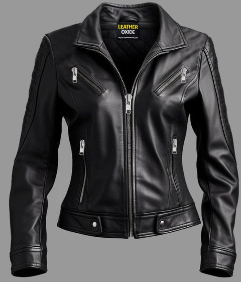 Women Dasha Designer Black Leather Jacket Leatheroxide