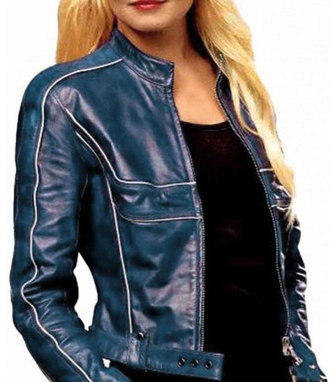 Women Emma Casual Leather Jacket - Navy Blue Leatheroxide