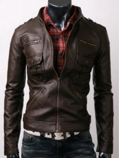 zip pocket brown leather jacket Leatheroxide