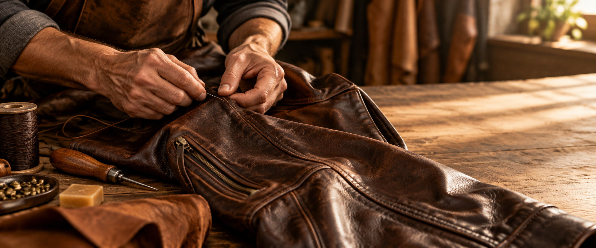 Hands stitching a leather jacket at a workbench