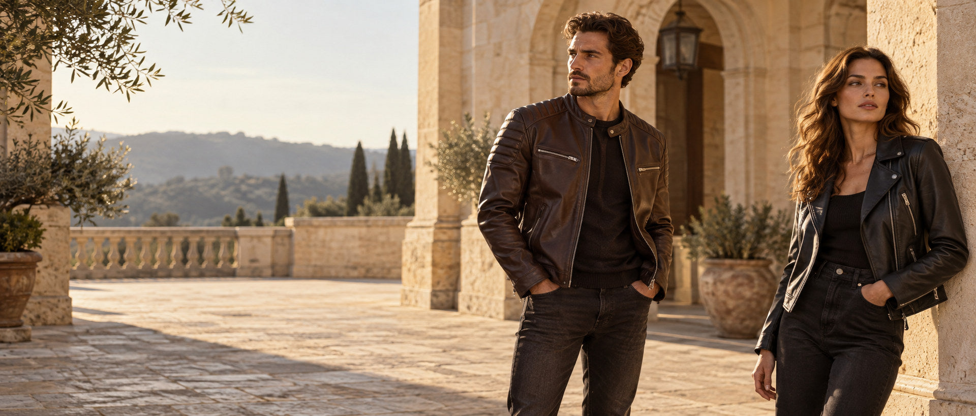 Models in leather jackets in a sunlit stone courtyard